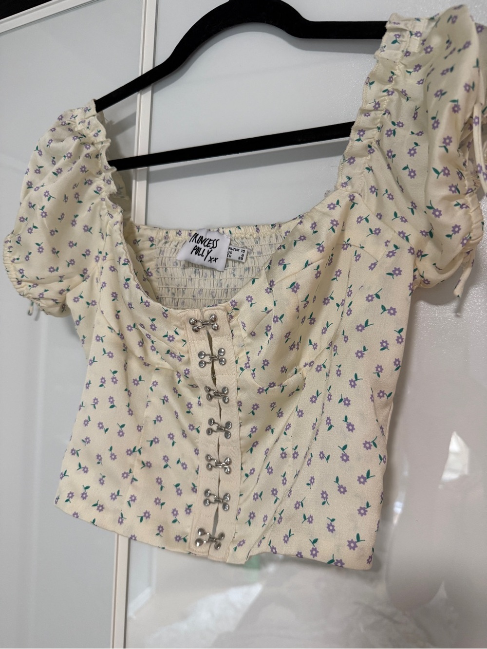 Princess Polly Cream Floral Puff-Sleeve Corset Crop Top